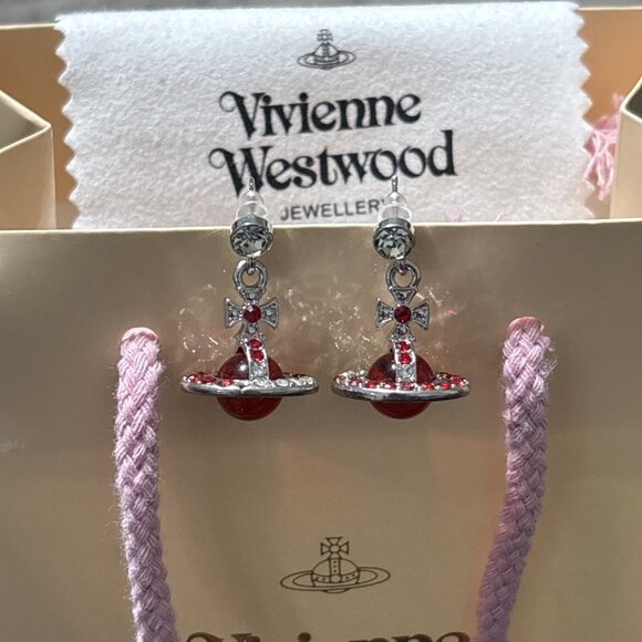 Vivienne Westwood Red 3D Orb Saturn Ear Stud Dangle Earrings With Box Etc - Picture 1 of 6